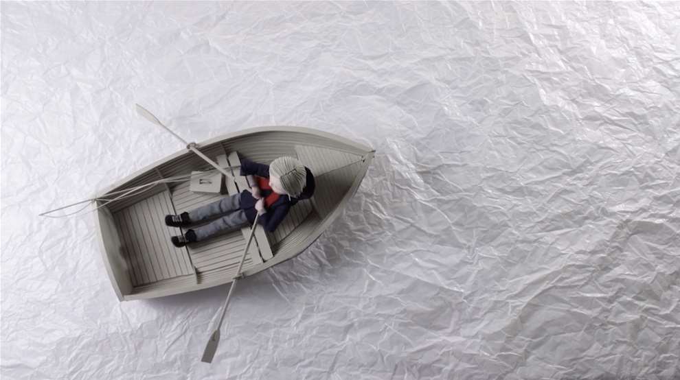 Vera Van Wolferen, Still from stop motion short based on a childhood memory of a person on a boat rowing accross water.